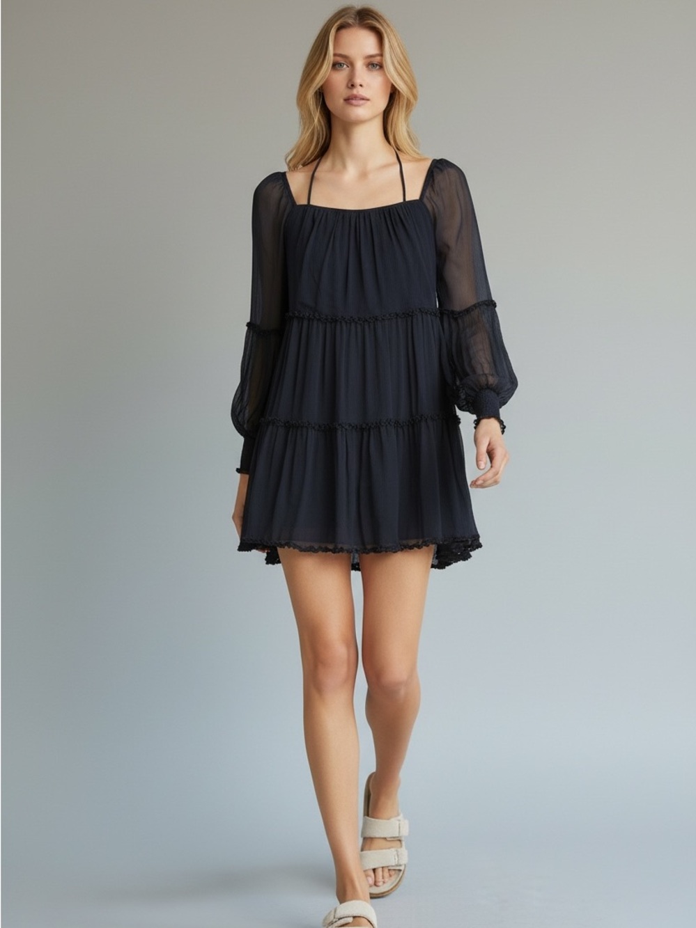 Cinq a Sept Size 8 Zina Navy Blue Puff Sleeve Tiered Mini Dress Halter Neck